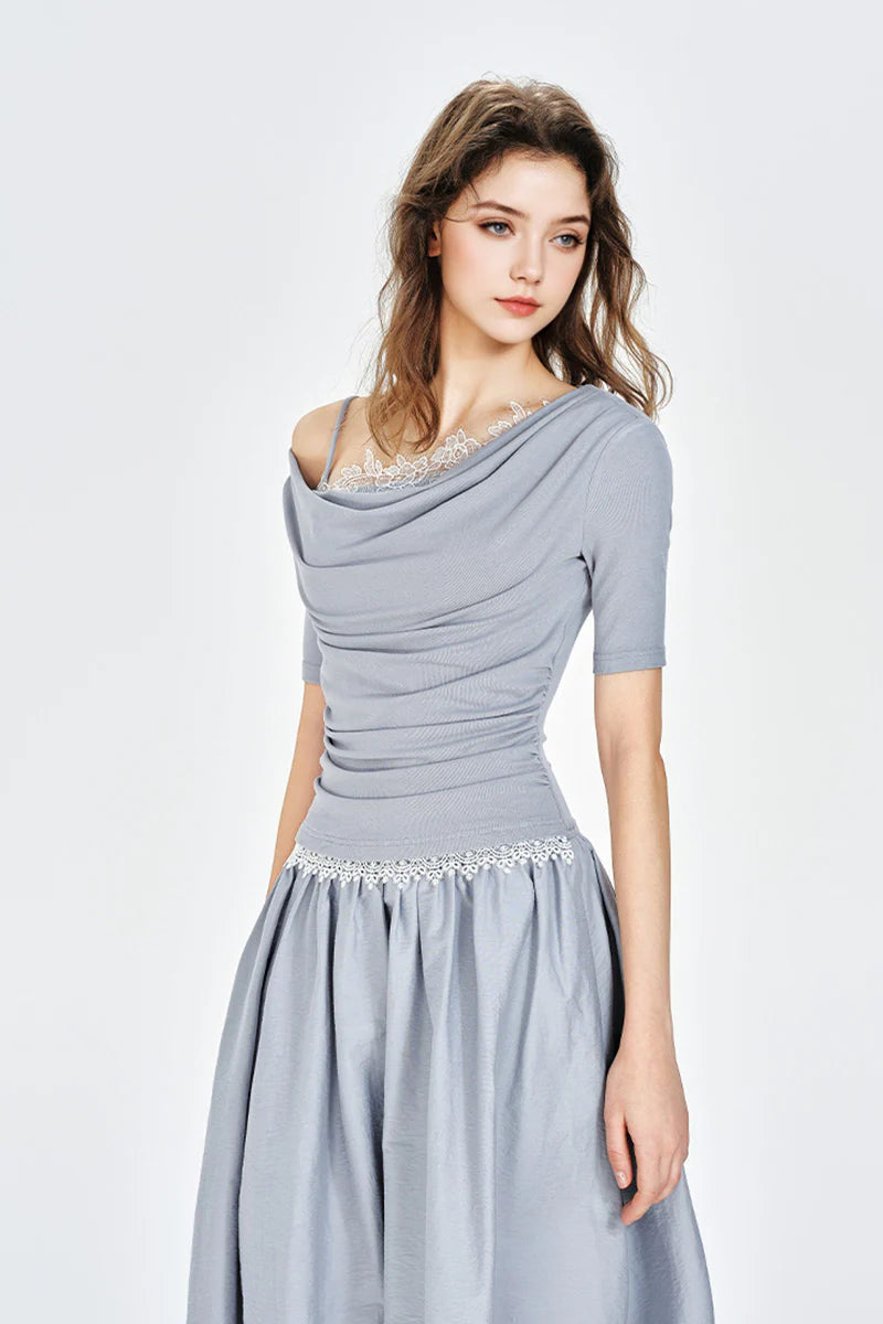 Blue Off-the-Shoulder Ruched Fit & Flare Maxi Dress