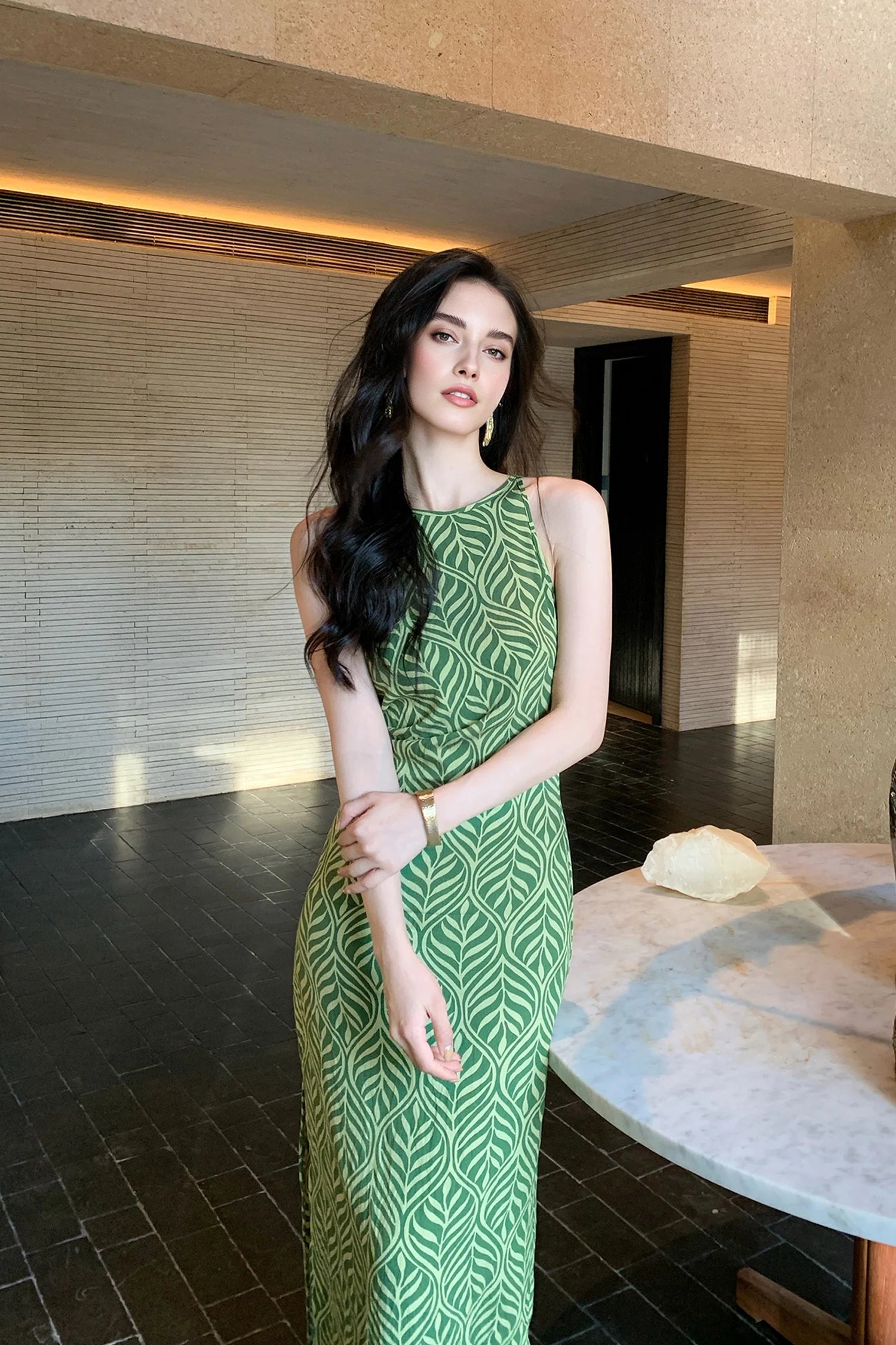 Green Paisley Print Sleeveless Maxi Dress