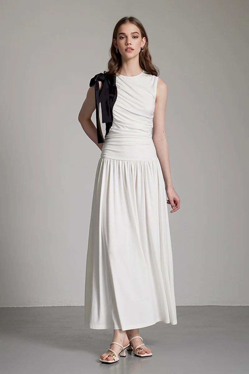 Sleeveless One-Shoulder-Tie Ruched Maxi Dress
