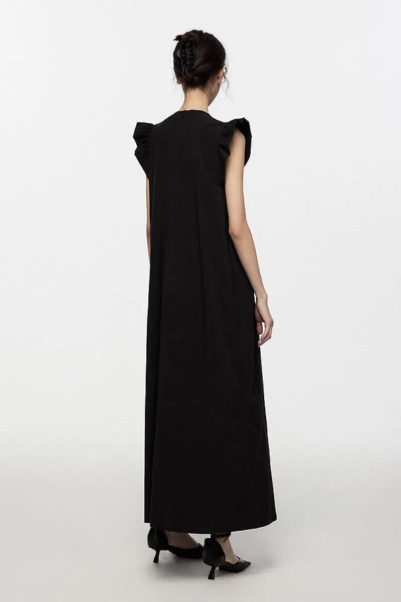 Black Ruffle Cap-Sleeve Trapeze Maxi Dress