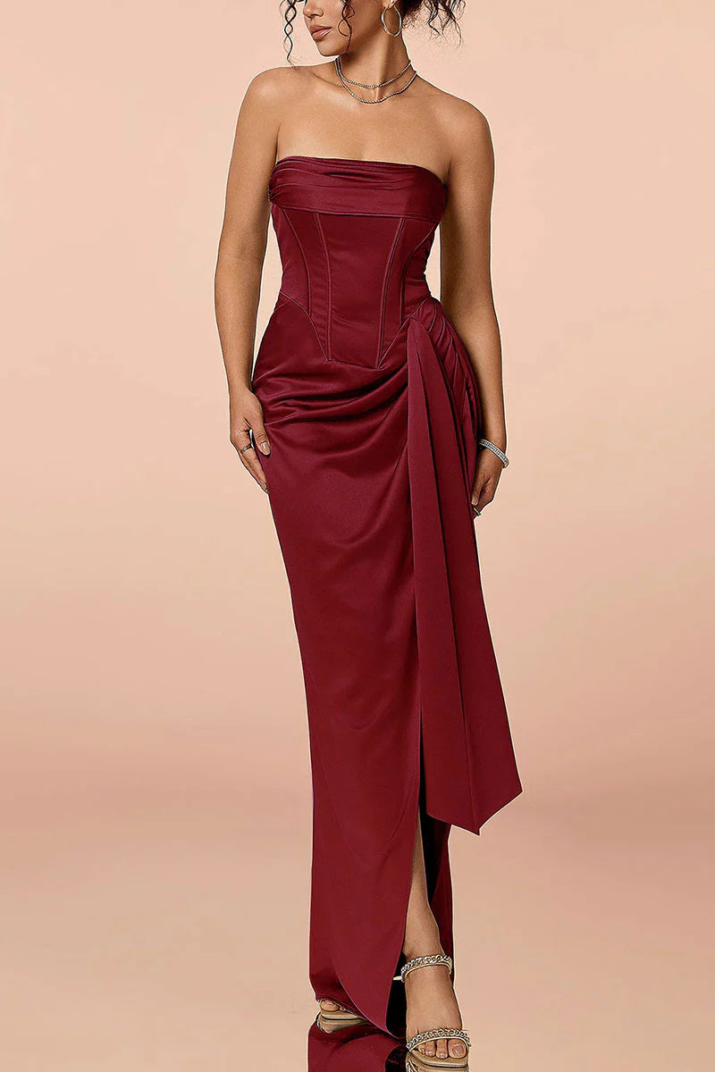 Satin Strapless Corset Bodycon Maxi Dress with High Slit