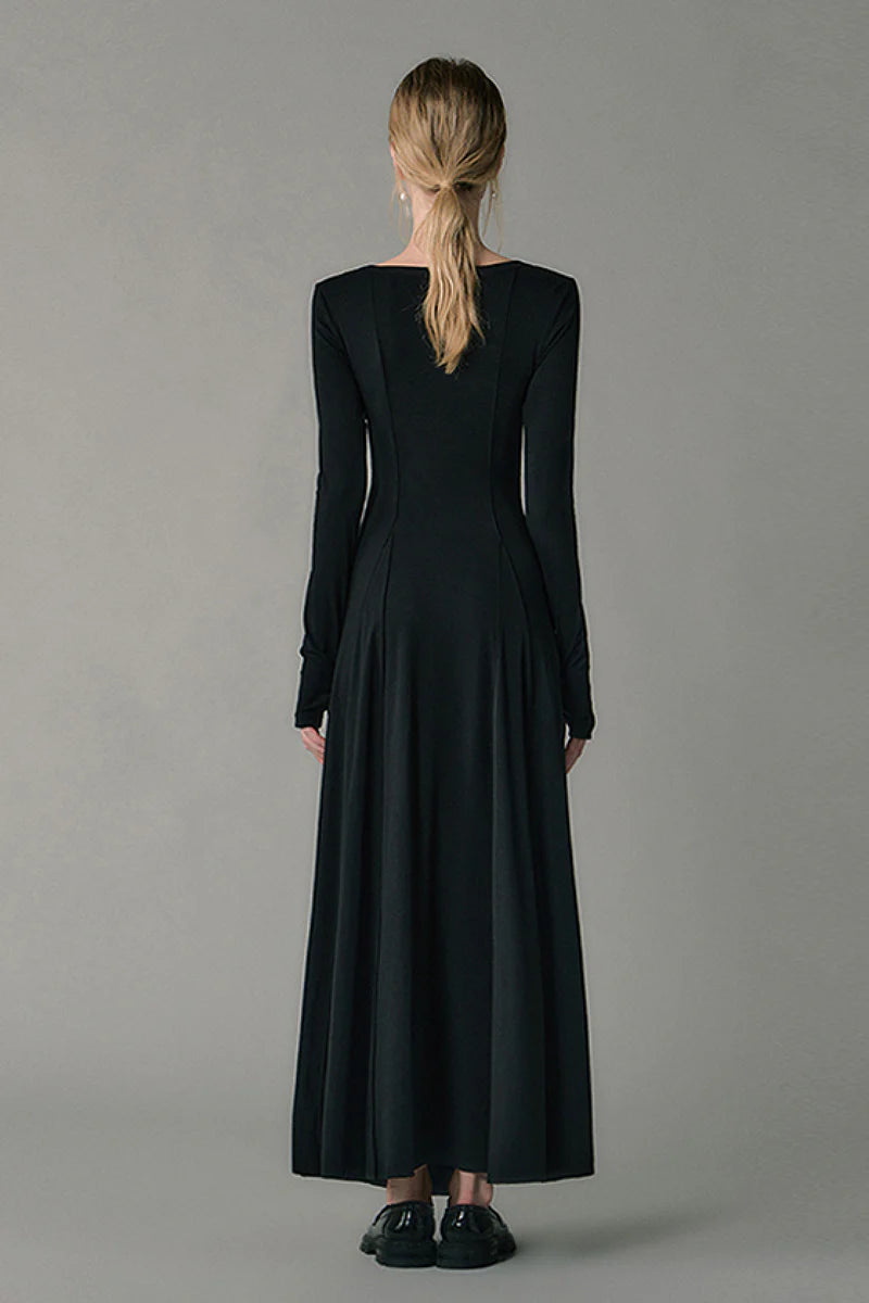 Black Fit & Flare Long-Sleeve Scoop-Neck Knit Maxi Dress with Thumb Holes