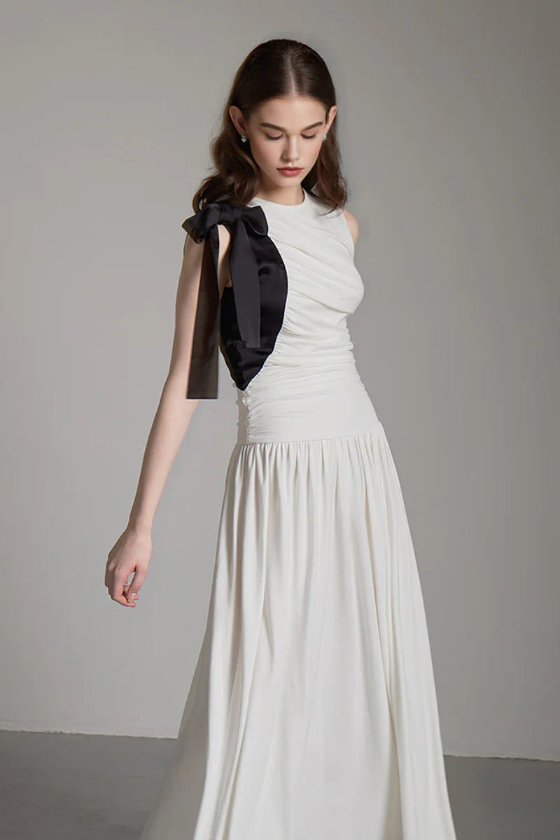 Sleeveless One-Shoulder-Tie Ruched Maxi Dress