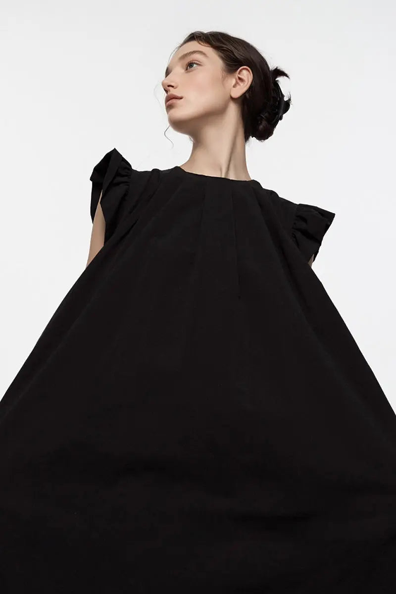 Black Ruffle Cap-Sleeve Trapeze Maxi Dress