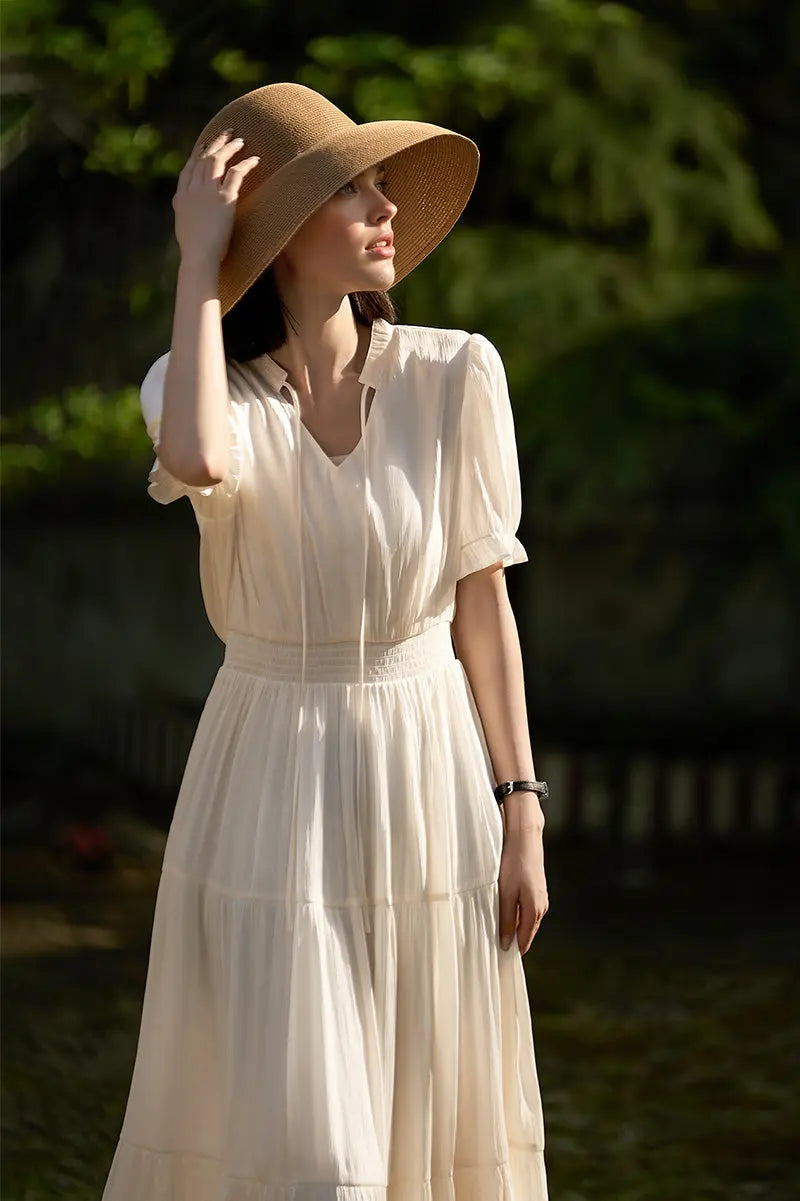 White Silky Tiered Puff-Sleeve Maxi Dress