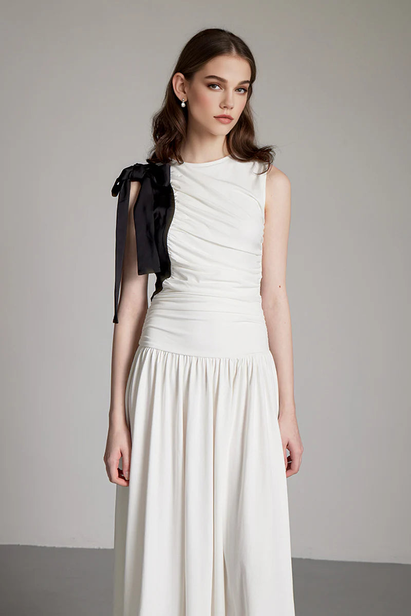 Sleeveless One-Shoulder-Tie Ruched Maxi Dress