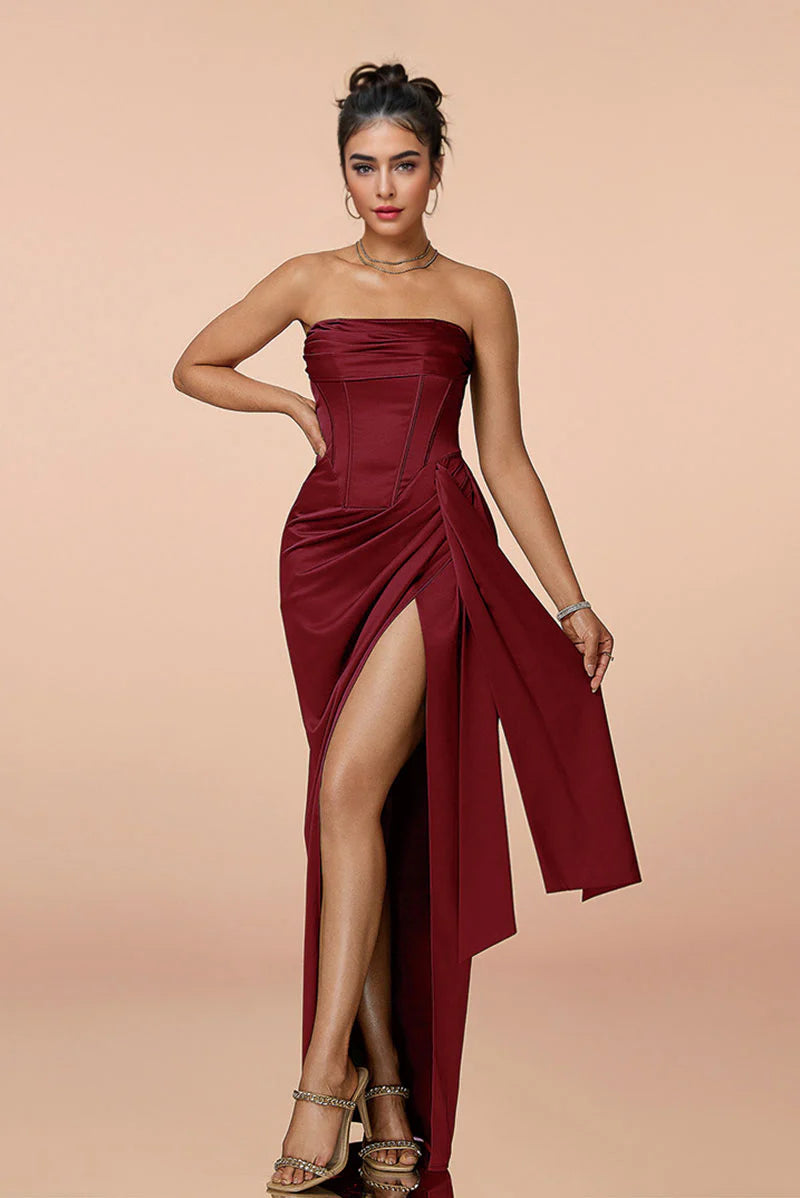 Satin Strapless Corset Bodycon Maxi Dress with High Slit