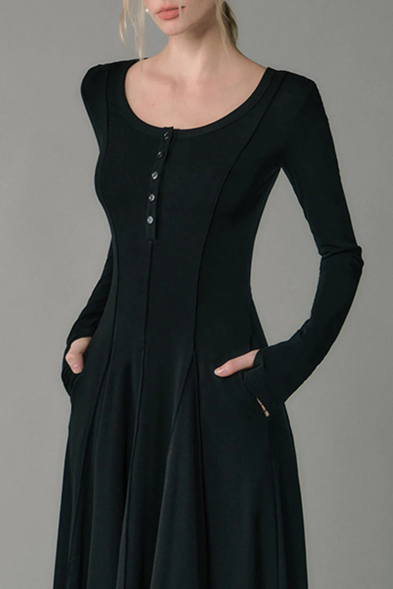 Black Fit & Flare Long-Sleeve Scoop-Neck Knit Maxi Dress with Thumb Holes