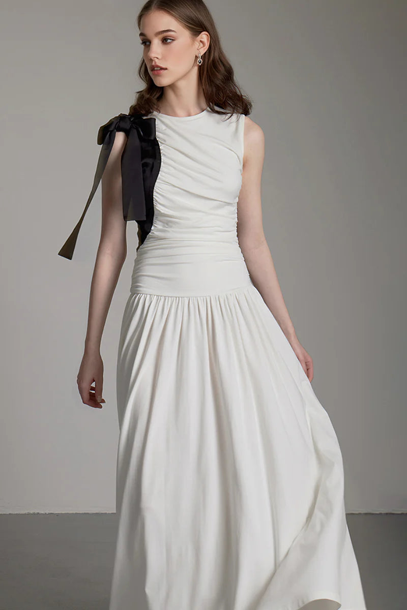 Sleeveless One-Shoulder-Tie Ruched Maxi Dress