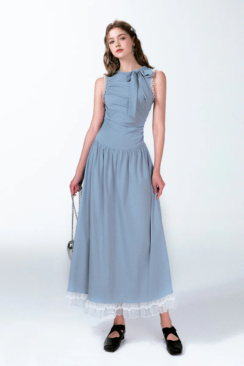 Blue Sleevelss Ruched Fit & Flare Maxi Dress with Bow & Lace