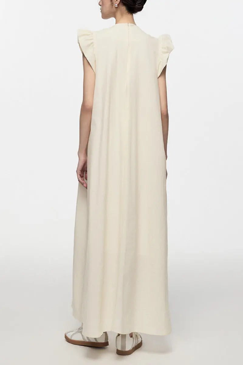 White Ruffle Cap-Sleeve Trapeze Maxi Dress