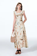 Vintage Butterfly Fit & Flare Ruffle Maxi Dress