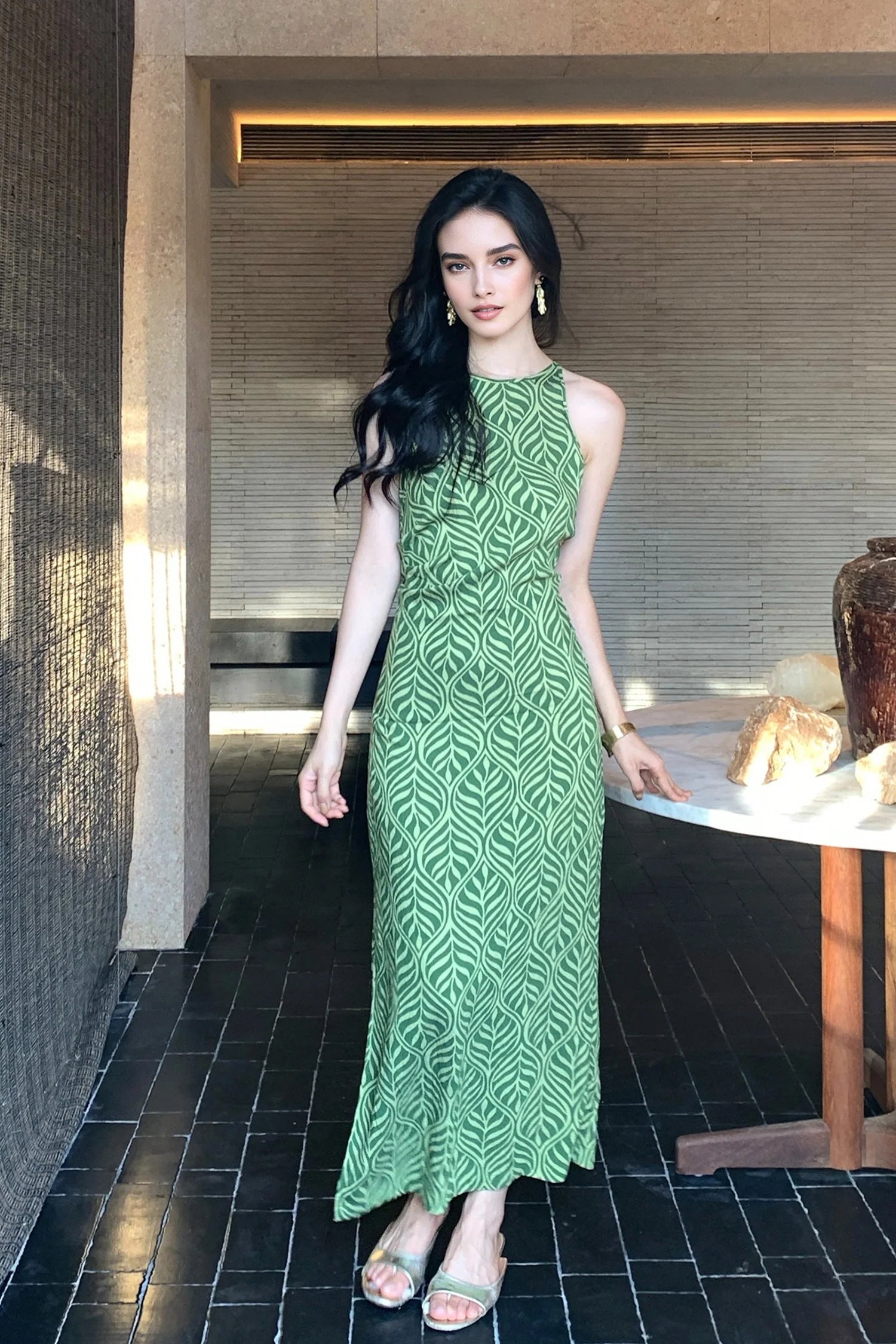Green Paisley Print Sleeveless Maxi Dress