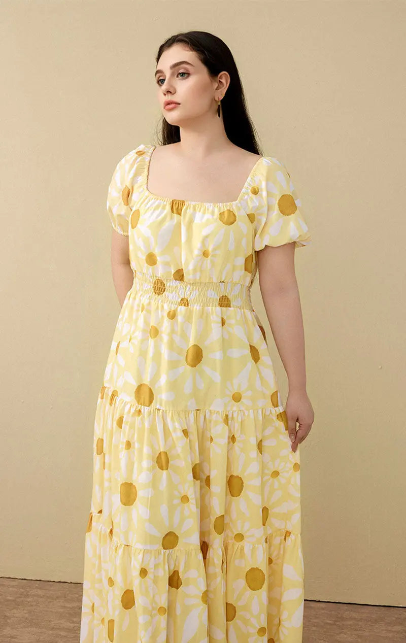 Yellow Floral Tiered Smocked Maxi Dress