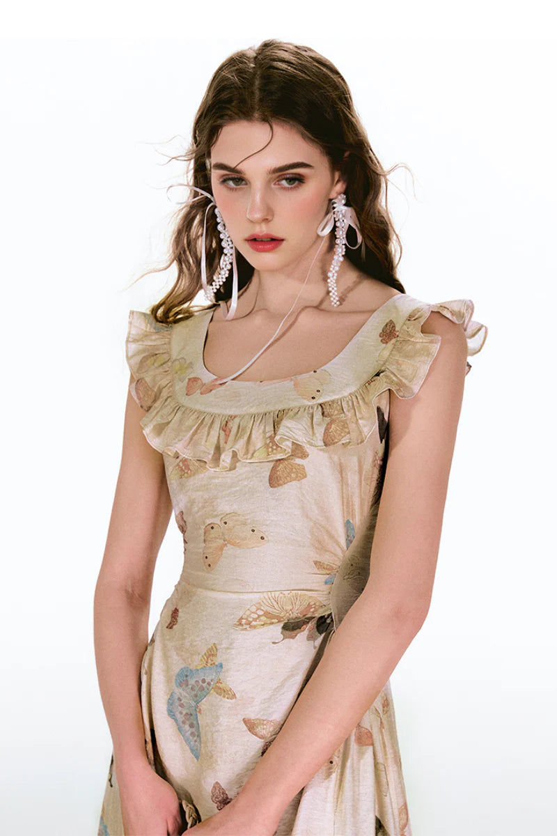 Vintage Butterfly Fit & Flare Ruffle Maxi Dress