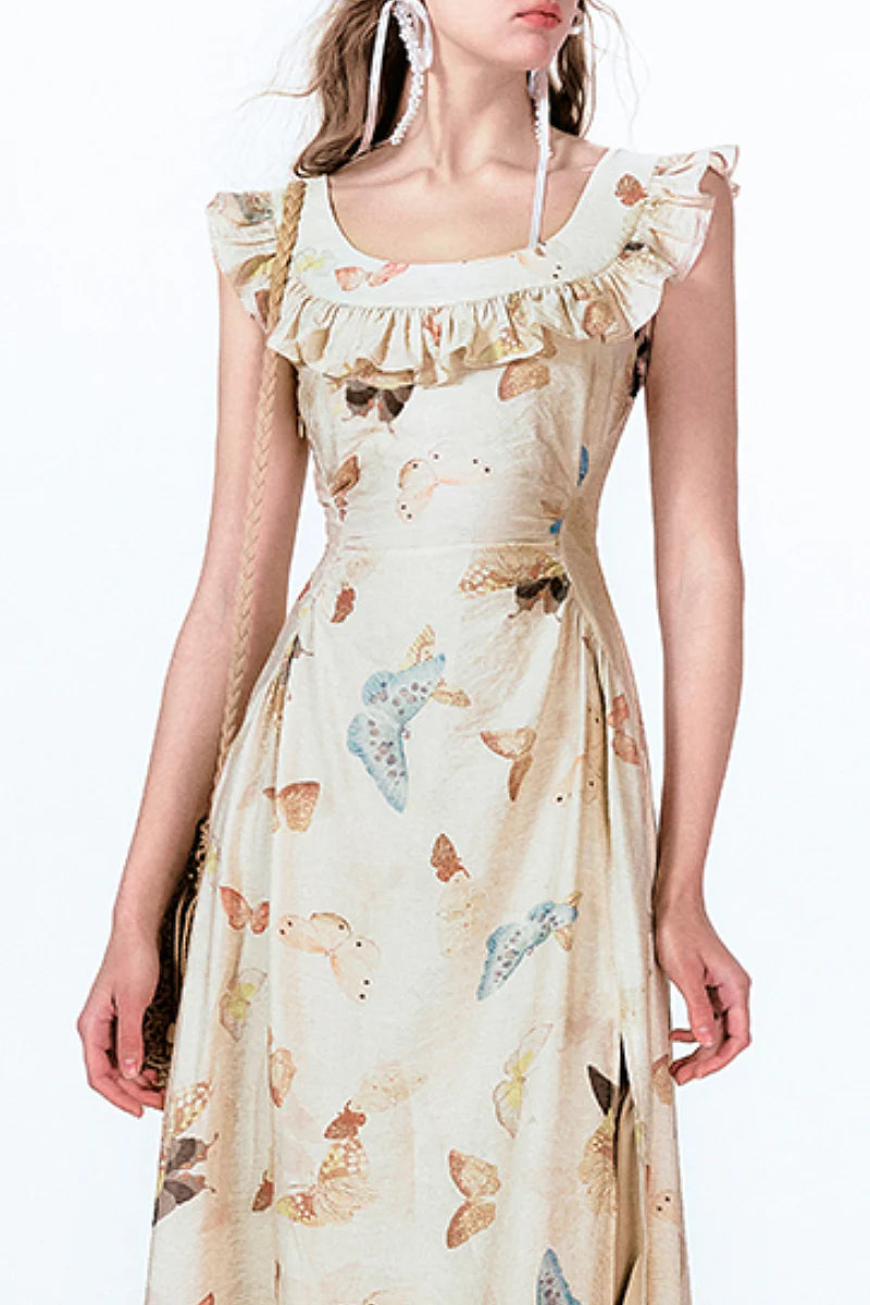Vintage Butterfly Fit & Flare Ruffle Maxi Dress