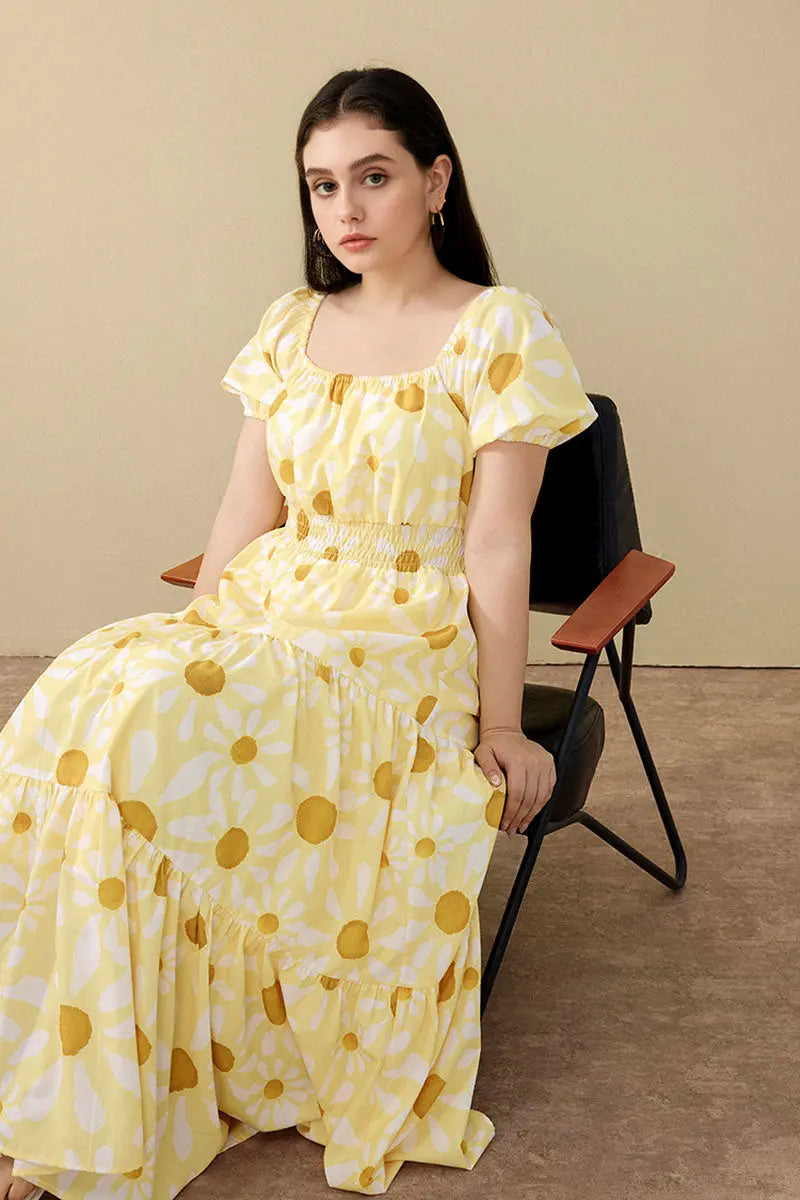 Yellow Floral Tiered Smocked Maxi Dress