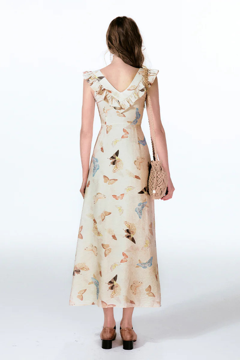Vintage Butterfly Fit & Flare Ruffle Maxi Dress