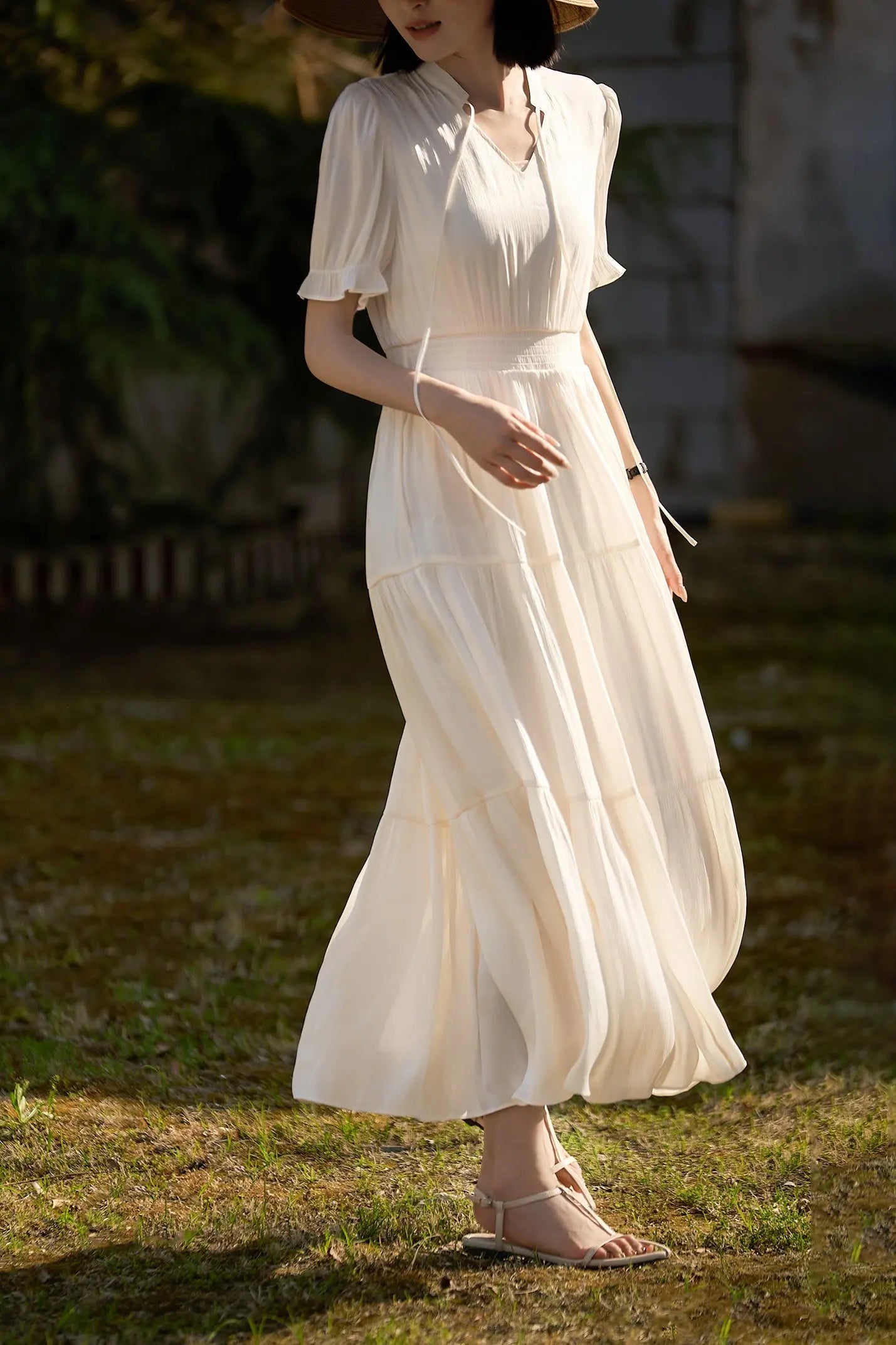 White Silky Tiered Puff-Sleeve Maxi Dress