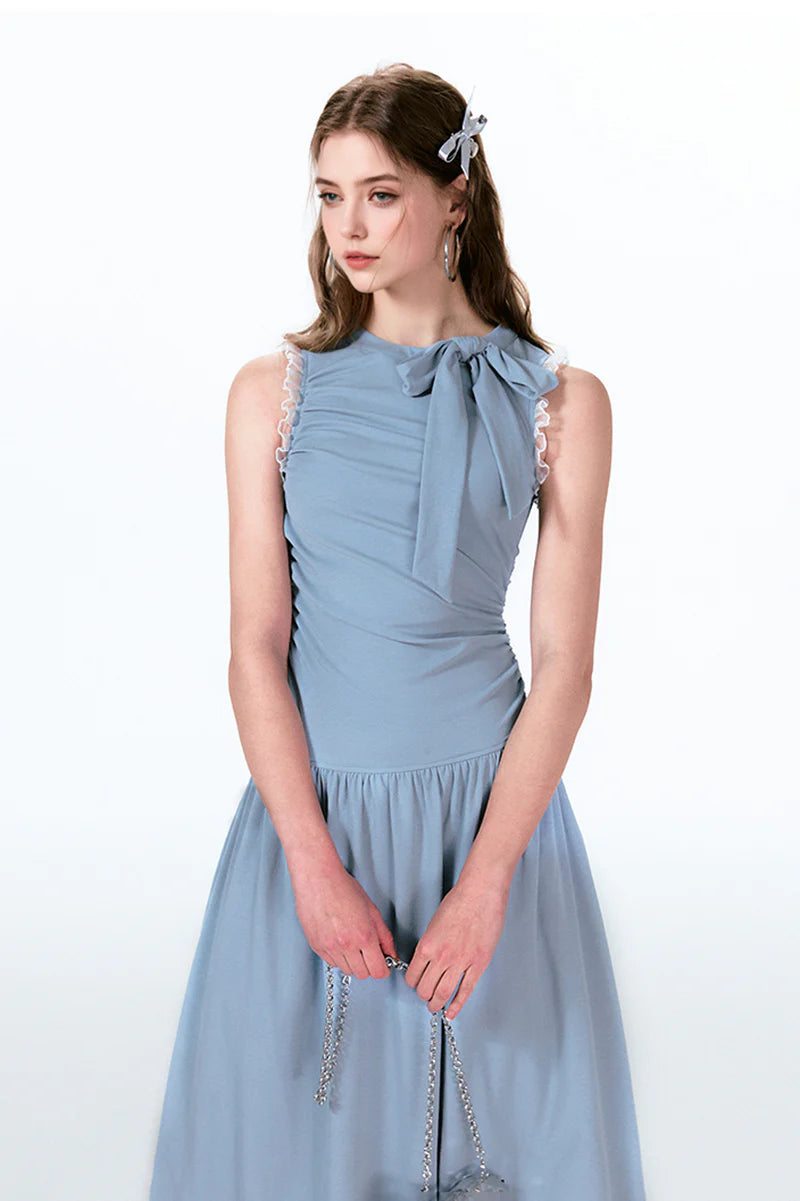 Blue Sleevelss Ruched Fit & Flare Maxi Dress with Bow & Lace
