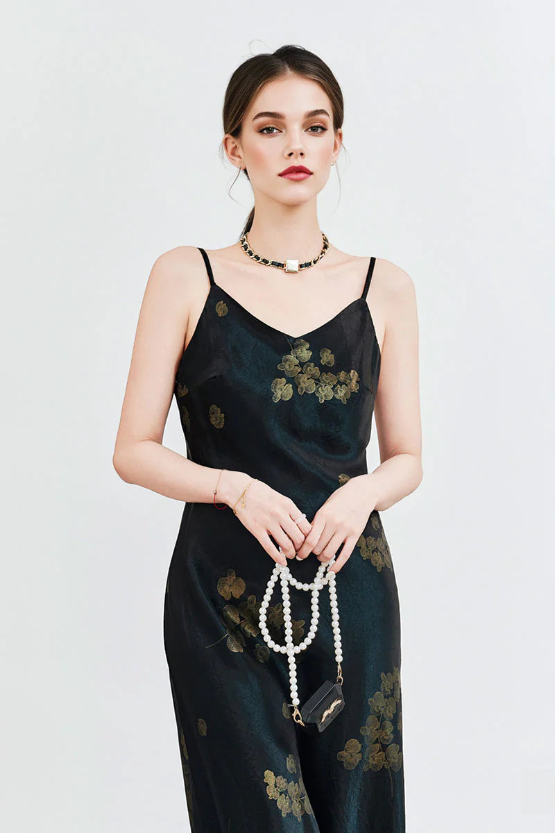 Satin Floral V-Neck Maxi Slip Dress