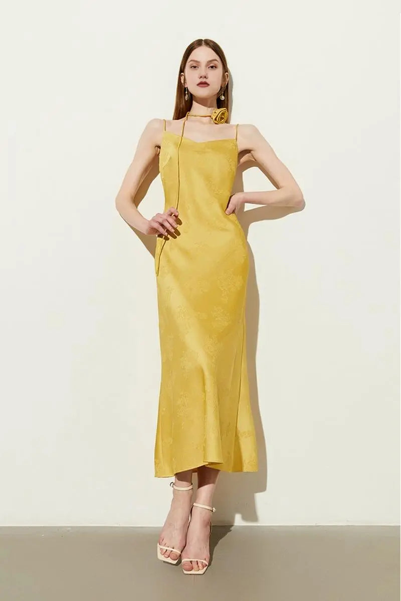 Elegant Jacquard Satin Slip Maxi Dress