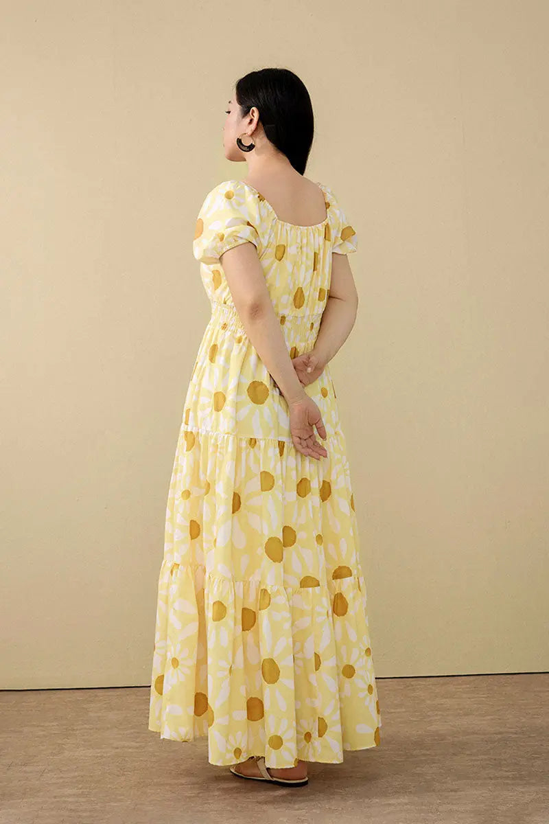 Yellow Floral Tiered Smocked Maxi Dress