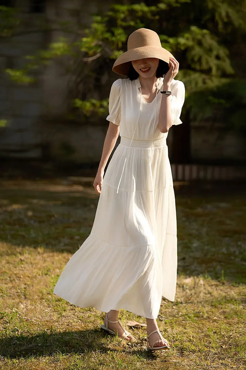 White Silky Tiered Puff-Sleeve Maxi Dress
