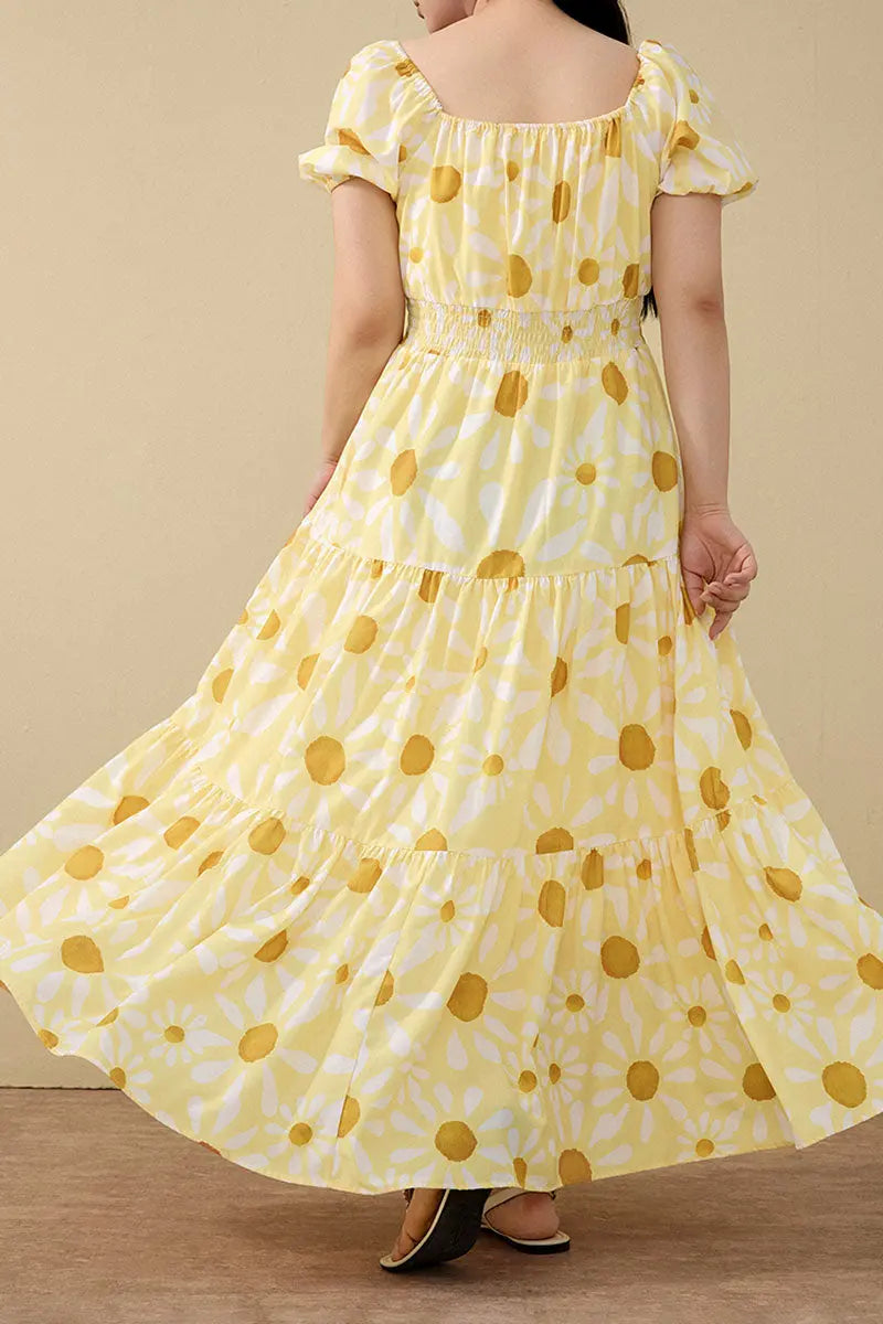 Yellow Floral Tiered Smocked Maxi Dress