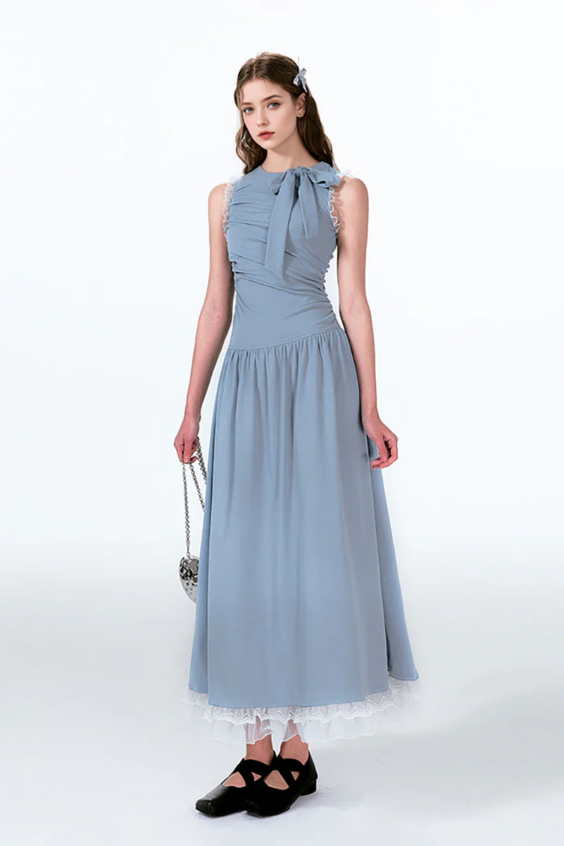 Blue Sleevelss Ruched Fit & Flare Maxi Dress with Bow & Lace