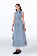 Blue Sleevelss Ruched Fit & Flare Maxi Dress with Bow & Lace