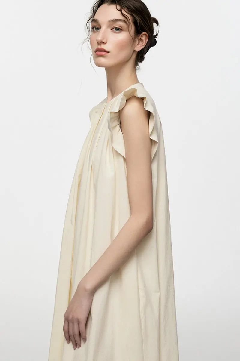 White Ruffle Cap-Sleeve Trapeze Maxi Dress