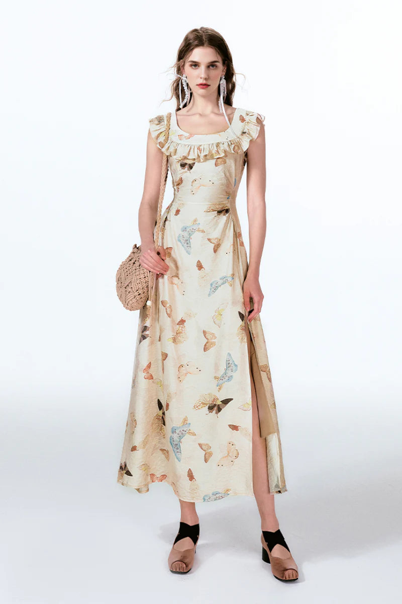 Vintage Butterfly Fit & Flare Ruffle Maxi Dress