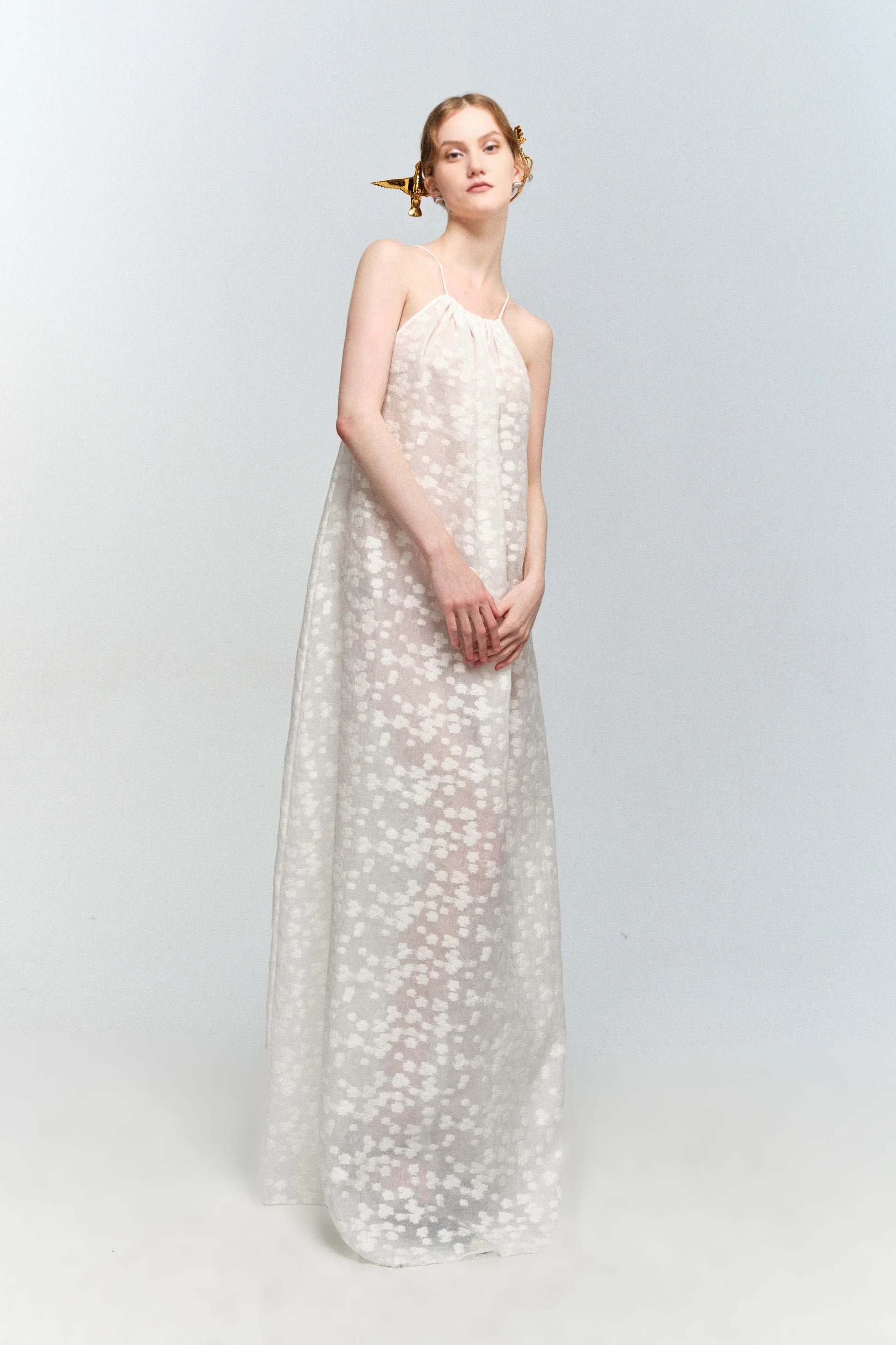 Halter Neck White Floral Jacquard Dress