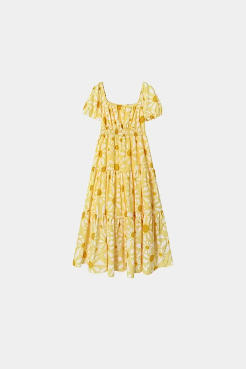 Yellow Floral Tiered Smocked Maxi Dress