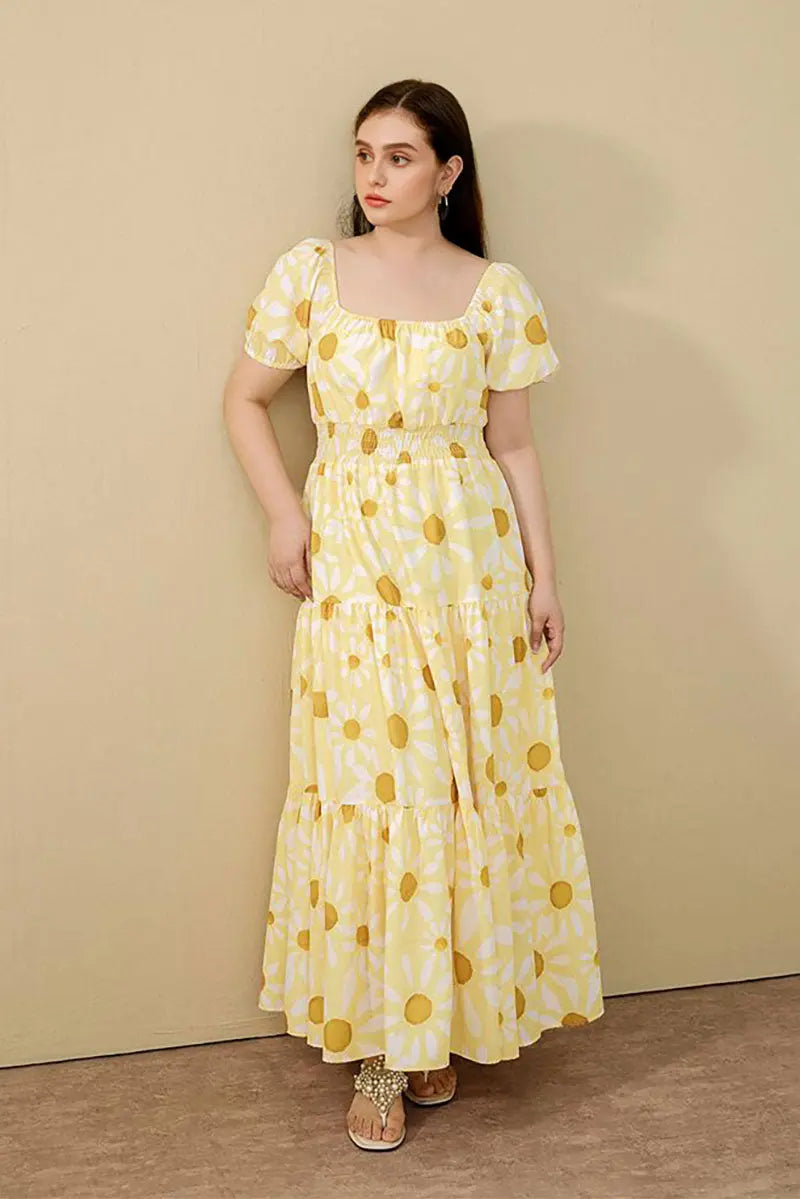 Yellow Floral Tiered Smocked Maxi Dress