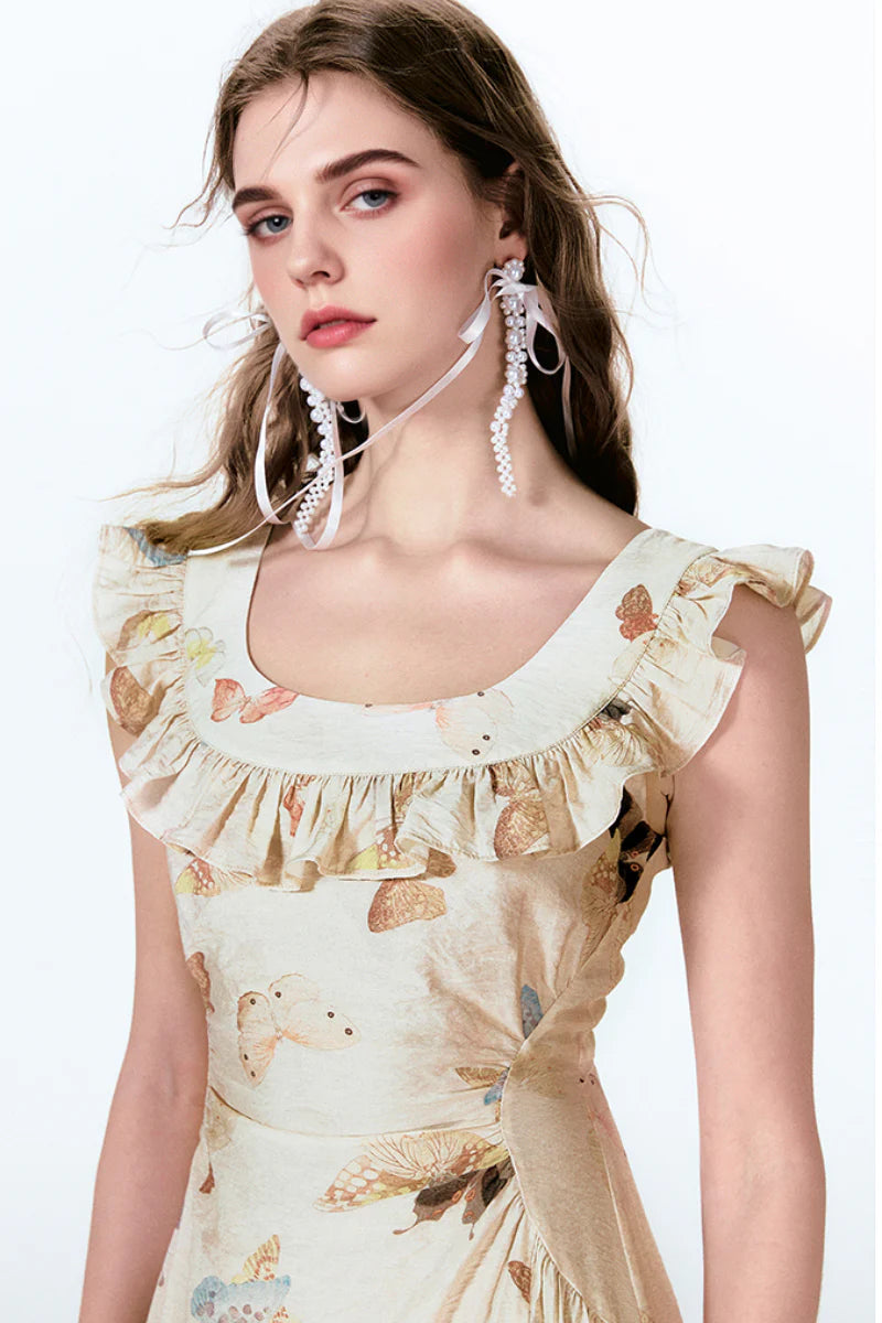 Vintage Butterfly Fit & Flare Ruffle Maxi Dress