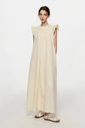 White Ruffle Cap-Sleeve Trapeze Maxi Dress