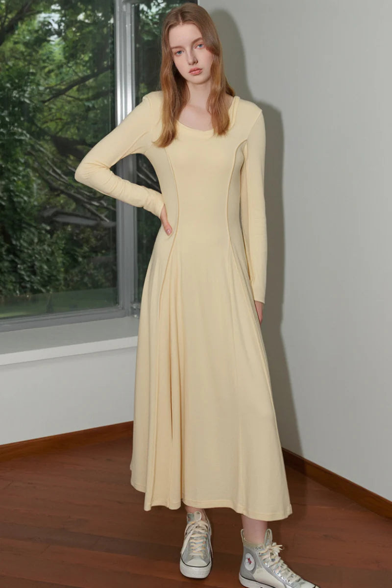 Yellow Stretch Long-Sleeve Scoop-Neck A-Line Maxi Dress
