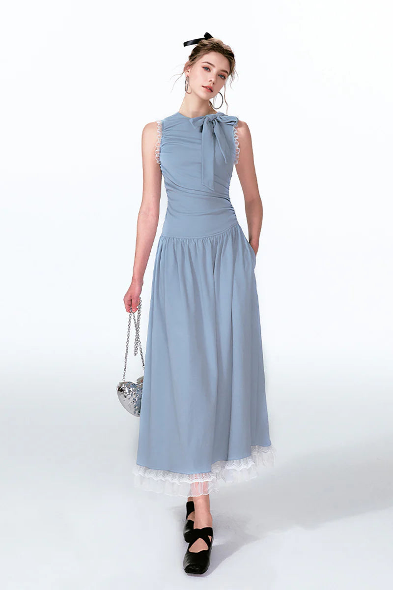 Blue Sleevelss Ruched Fit & Flare Maxi Dress with Bow & Lace