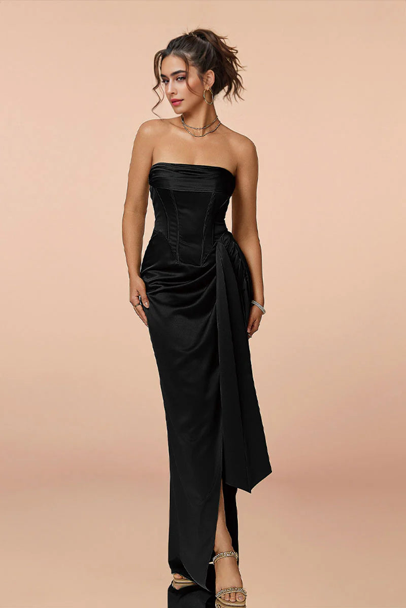 Satin Strapless Corset Bodycon Maxi Dress with High Slit
