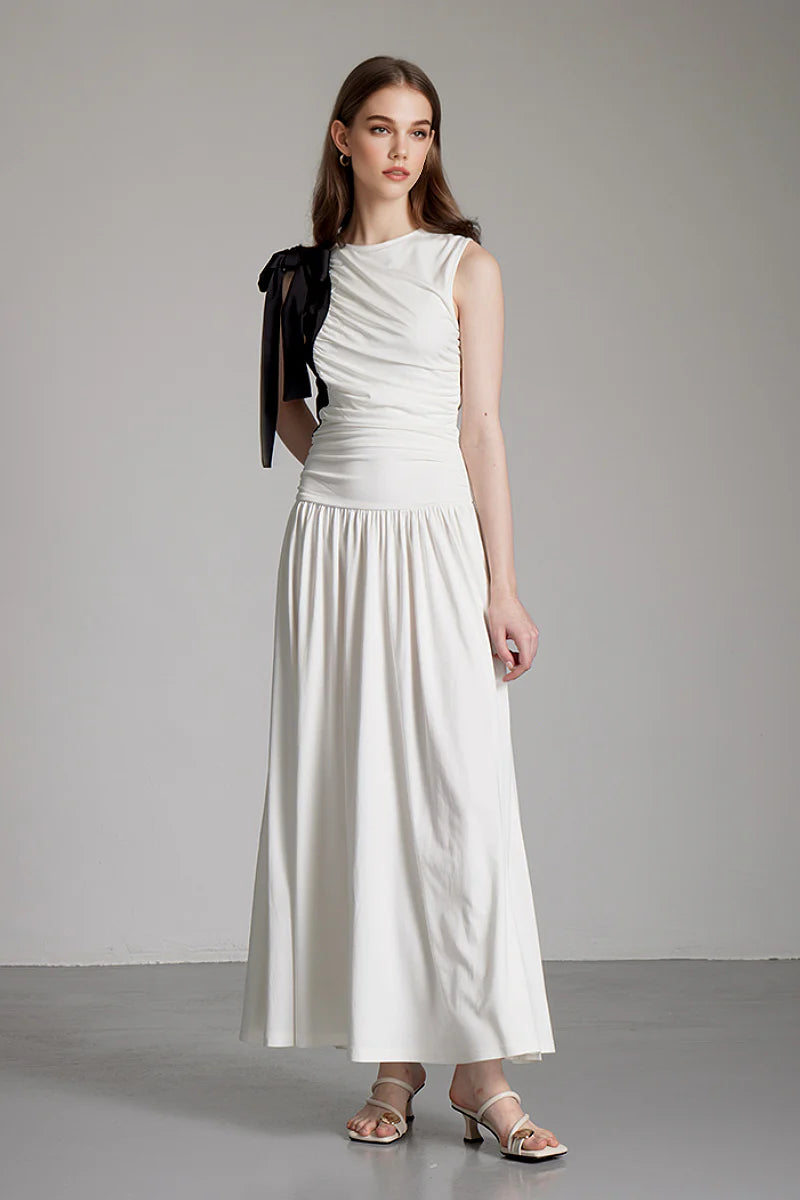 Sleeveless One-Shoulder-Tie Ruched Maxi Dress