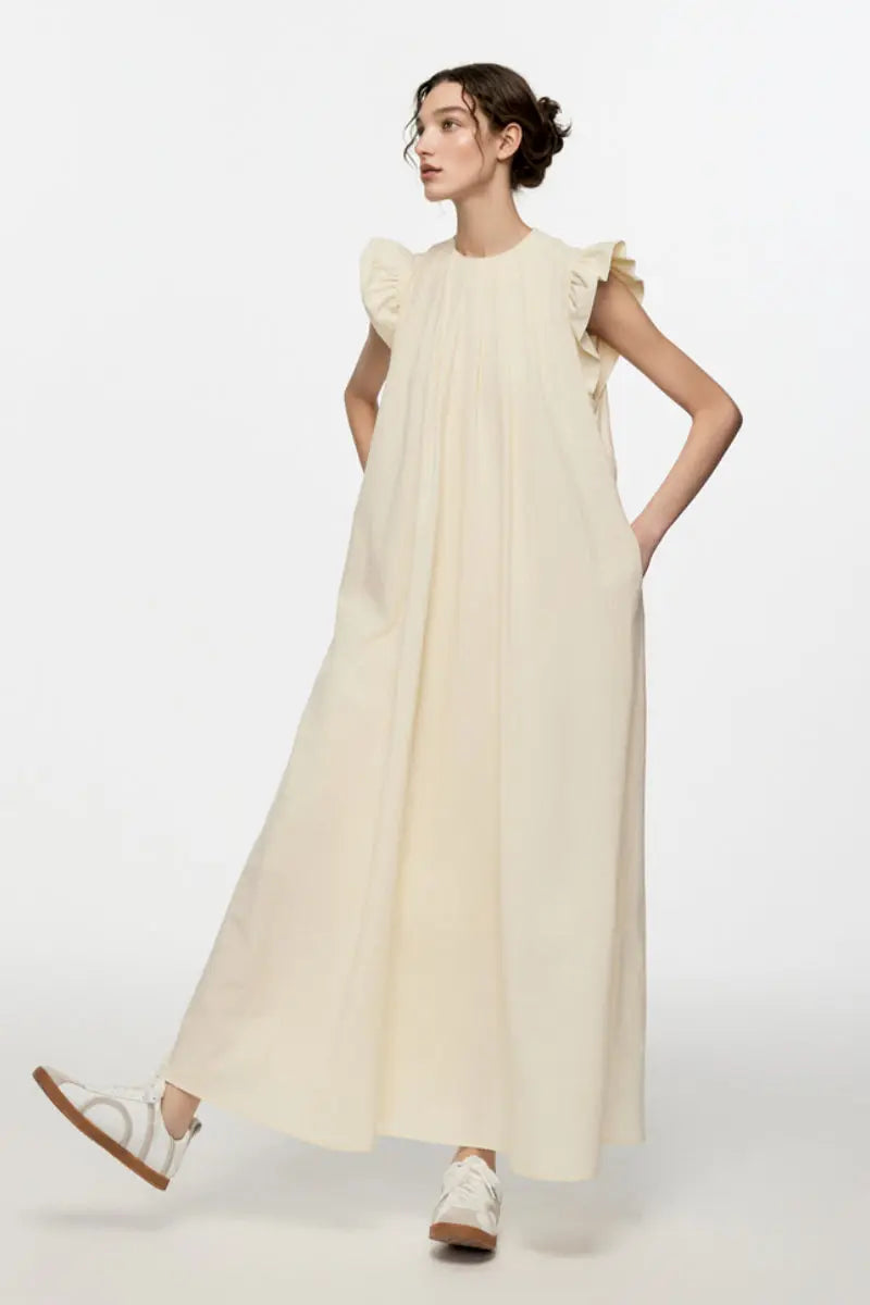 White Ruffle Cap-Sleeve Trapeze Maxi Dress