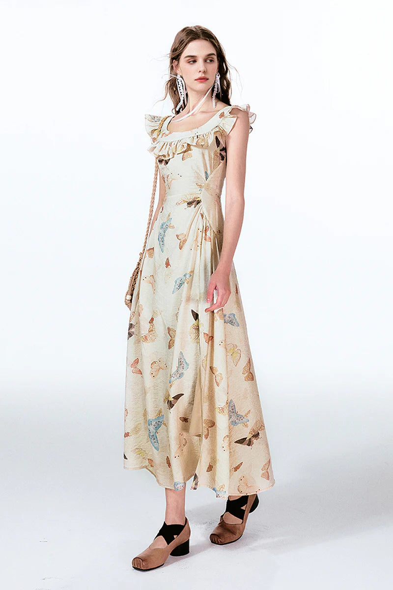 Vintage Butterfly Fit & Flare Ruffle Maxi Dress